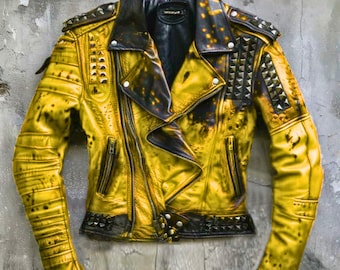 Chaqueta de cuero amarilla con tachuelas para mujer – Chaqueta punk rock estilo motociclista, hecha a mano, con efecto desgastado, prenda exterior unisex de Stud Studio