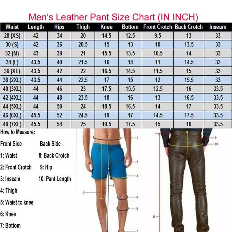 Puede incluir: Tabla de tallas de pantalones de cuero para hombre, con medidas en pulgadas. Incluye cintura, largo, cadera, muslo, rodilla, bajo, tiro delantero y trasero, y entrepierna. Diagramas ilustran c&oacute;mo medir cada &aacute;rea.