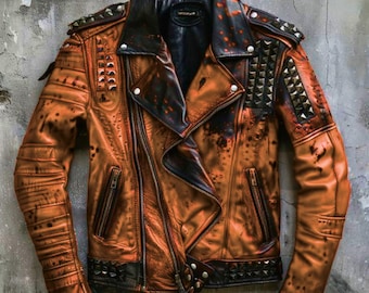 Chaqueta de cuero marrón con tachuelas estilo punk para hombre - Abrigo gótico de motociclista con pinchos - Moda alternativa hecha a mano para él, totalmente personalizable