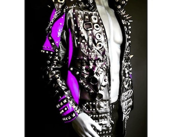 Chaqueta de cuero con tachuelas punk para hombre - Chaqueta de cuero con tachuelas punk rock personalizada - Abrigo de motociclista con tachuelas negro y morado, moda gótica hecha a mano