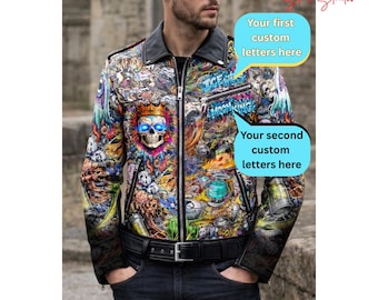 Chaqueta de cuero estilo motero con grafiti hecha a mano / Chaqueta de estilo rockero urbano con estampado digital de calaveras (alternativa)