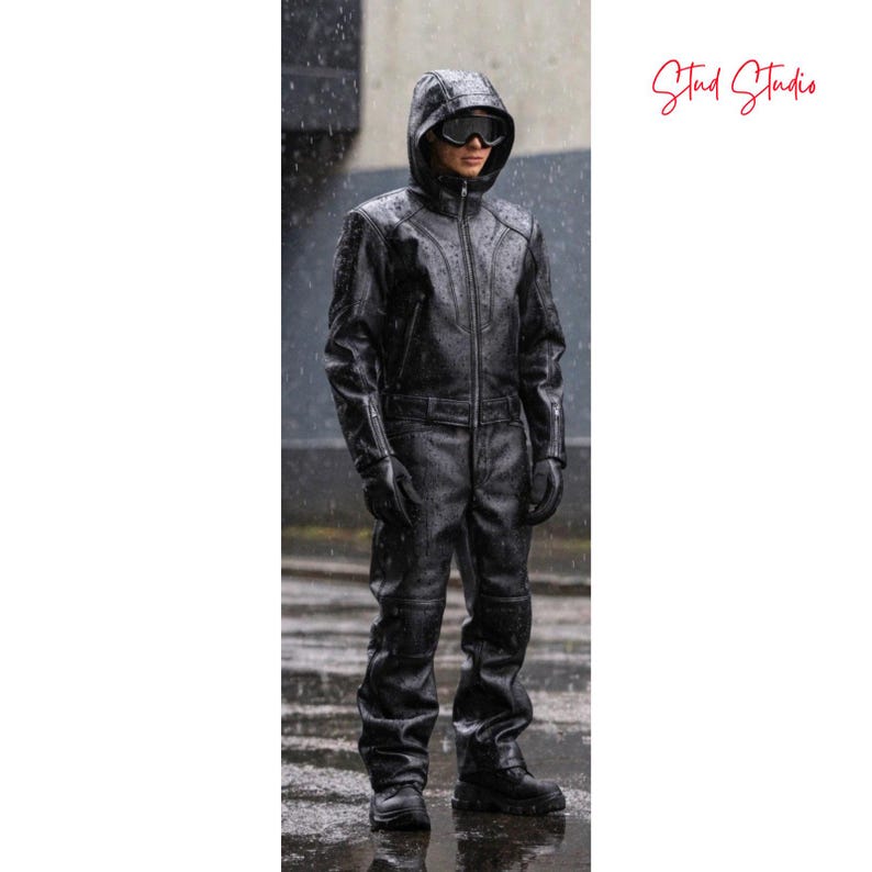 Puede incluir: Mono de cuero negro con capucha y gafas. El traje de una pieza tiene cierre de cremallera y se usa con guantes y botas. La imagen est&aacute; tomada al aire libre bajo la lluvia. El logotipo de Stud Studio est&aacute; en la esquina superior derecha.
