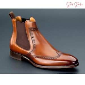 men’s leather boots, Chelsea boots, brown leather ankle boots, wingtip brogue boots, handmade dress boots, luxury footwear, men’s fashion boots, Goodyear welt boots, formal leather boots, handcrafted shoes