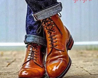 Botas de cuero marrón con cordones para hombre hechas a mano / Botines vintage / Botas de cuero de vestir y casuales hechas a mano