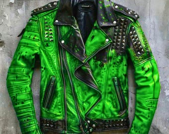 Men's Green Studded Leather Jacket - Punk Rock Motorcoat with Metal Spikes - Gothic Biker Jacket - Bold Statement Piece - Punk Rock Grungy