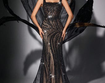 Black Sequin Mermaid Gown | Square Neck Backless Evening Maxi Dress