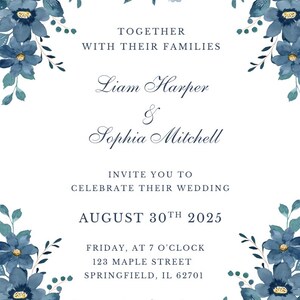 Elegant Blue Floral Wedding Invitation