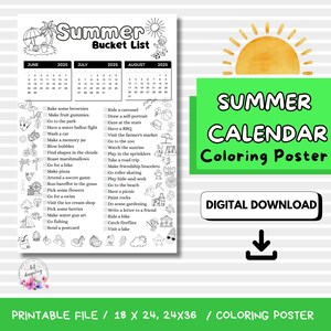 Calendario de verano para niños 2025, Calendario de verano para colorear, Lista de deseos de verano, Planificador de verano imprimible para niños, Planificador familiar, Lista de deseos de verano