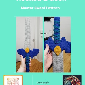 May include: A crocheted Master Sword pattern, with a blue and yellow handle and a gray blade. The pattern is available for purchase from Hooked & Geek.