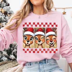 Cute Christmas Reindeer Sweatshirt • Custom Holiday Deer Faces • Unisex Crewneck • All Ages • Sizes Up to 4XL • Christmas Gift Top, XMAS214