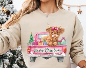 Christmas Truck Highland Cow Sweatshirt Hoodie, Merry Christmas Gift, Cute Holiday Cow Sweater, Winter Matching Family Outfit