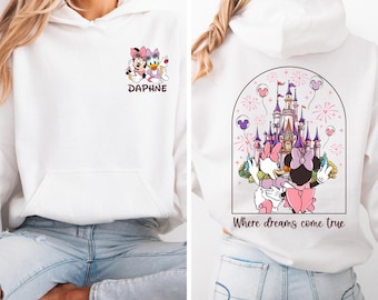 Sweat à capuche Disney Trip pour filles, imprimé dans le dos inspiré de Minnie, nom personnalisé sur le devant de la chemise, sweat à capuche Where Dreams Come True, cadeau meilleur ami