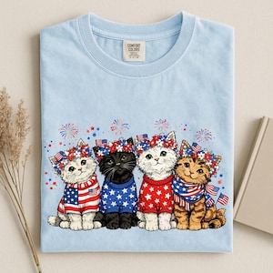 Patriotic Cat Shirt, 4th of July Cat Tee, American Flag Kitten Shirt, Fireworks Cats Graphic Tee, Cute USA Cats Shirt, Gift for Cat Lovers