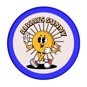 Always Sunny Walking Sun Cartoon Character Retro Button Badge 25mm, 32mm and 58mm