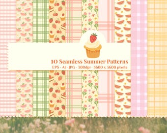 Summer Picnic Seamless Patterns – Watermelon, Strawberry, Gingham, Plaid, Fruit Digital Papers, JPG + AI/EPS