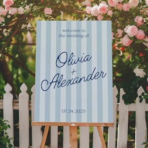 Blue Striped Wedding Welcome Sign: Editable Signage(Digital Download, Canva Template 18x24 inch )