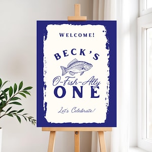 O-fish-ally One First Birthday Sign Canva Template - DIY Party Decoration, Fish Themed First Birthday Party Welcome Sign, Editable Design