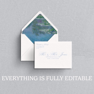 May include: White wedding invitation and envelope with blue script text. The envelope interior features a watercolor painting of a pond with lily pads. The text "Everything is Fully Editable" is at the bottom.