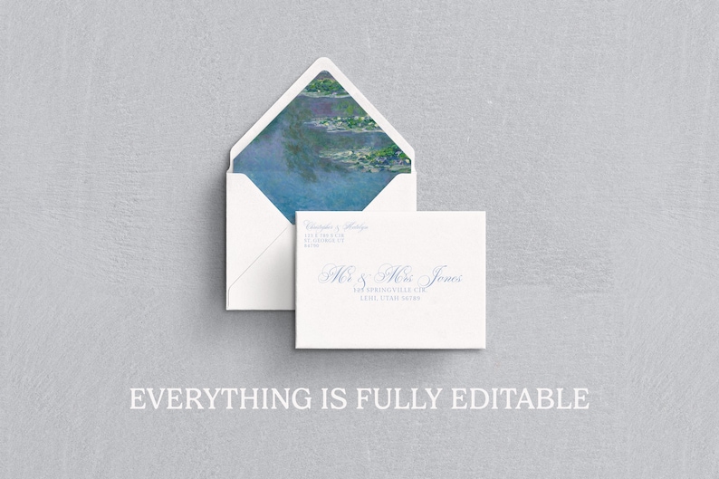 May include: White wedding invitation and envelope with blue script text. The envelope interior features a watercolor painting of a pond with lily pads. The text "Everything is Fully Editable" is at the bottom.