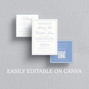 May include: Three wedding invitation cards with a light blue and white color scheme. The main card features the names "Kaitlyn Rae" and "Christopher James" with the wedding date. The text "EASILY EDITABLE ON CANVA" is at the bottom.