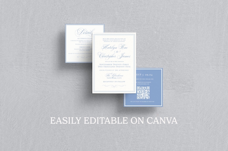 May include: Three wedding invitation cards with a light blue and white color scheme. The main card features the names "Kaitlyn Rae" and "Christopher James" with the wedding date. The text "EASILY EDITABLE ON CANVA" is at the bottom.