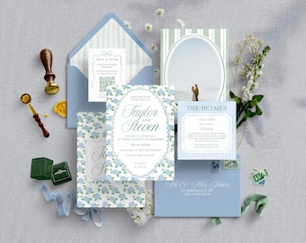 Blue Wedding Invitation Suite, Elegant Hydrangea Wedding Invite | Canva Template for Customizable Designs