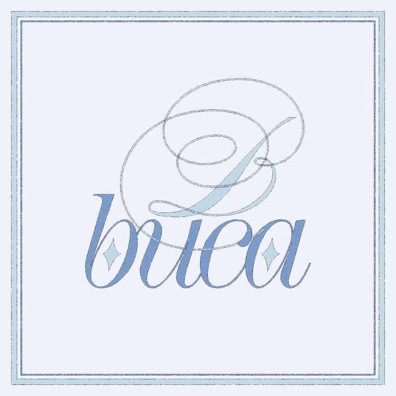 May include: A light blue square design with the word "buca" in a script font. The letter "B" is stylized with elegant swirls. The design is framed by a double light blue border, creating a clean and sophisticated look.