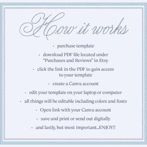 May include: A light blue and white graphic with the text "How it works" in elegant script. The text describes the steps to purchase and use a template, including downloading a PDF, accessing a link, creating a Canva account, and editing the template.