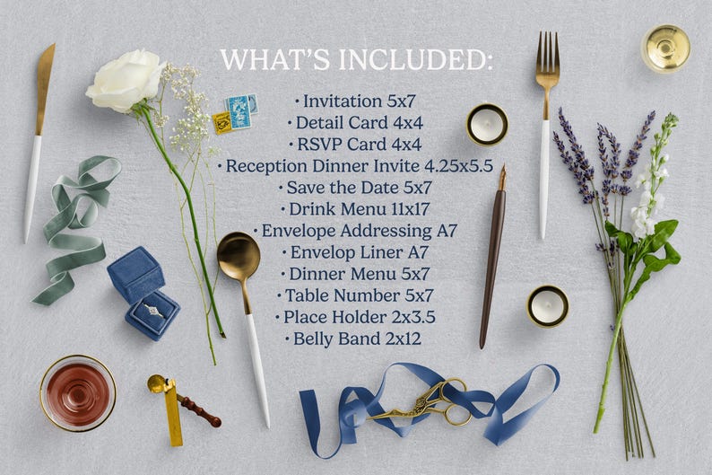 May include: An assortment of wedding stationery and accessories, including invitations, RSVP cards, and menus. The image features a gold fork and spoon, blue ring boxes, and floral arrangements, all arranged on a light gray surface.