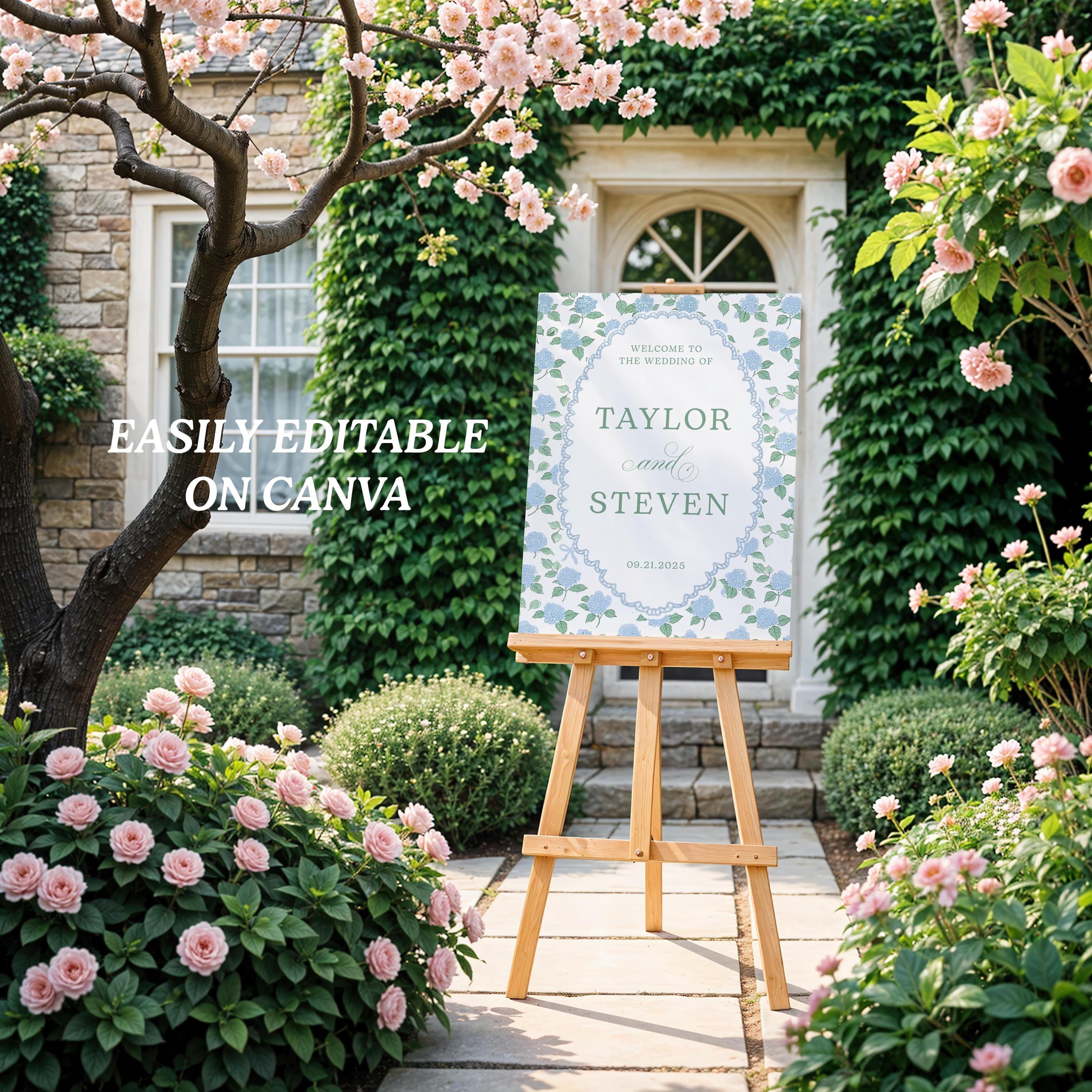 Blue Hydrangea Wedding Welcome Sign Canva Template (18x24 Inch Digital ...