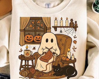 Knitting Ghost PNG: Cozy Halloween Clipart (Digital Download 4500x5400px)