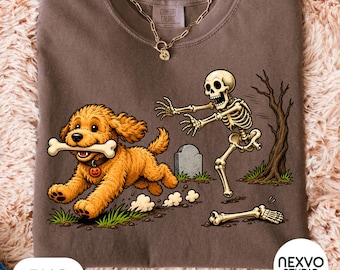 Goldendoodle Stealing Bone PNG, Funny Skeleton Chasing Dog Halloween Sublimation, Doodle Mom Shirt PNG, Trendy Fall Png, Golden Doodle Gift