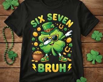 Six Seven Bruh PNG, lustiges St Patrick's Day Kinder Shirt Design, Six Seven 67 Meme Cool St Patricks, tupfende Shamrock Grafik digitaler Download