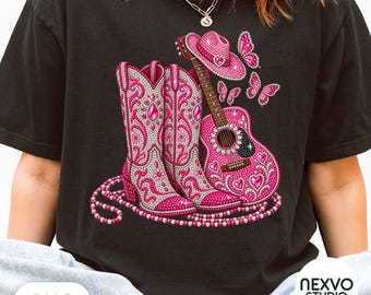 Rhinestone Cowgirl Png, Faux Rhinestone Western Png, Pink Cowgirl Boots Hat Guitar, Country Concert Sublimation, Coquette Western Girly Png