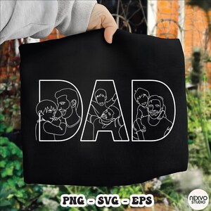 Pode incluir: Saco tote preto com a palavra "DAD" em branco, apresentando ilustra&ccedil;&otilde;es em linha de pais e filhos. O design inclui imagens de um pai com seus filhos. A parte inferior da bolsa tem o texto "PNG - SVG - EPS".