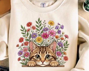 Floral Cat PNG, Cute Wildflower Tabby Cat Sublimation Design, Boho Peeking Kitten Shirt PNG, Cat Mom Lover Digital Download