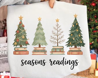 Seasons Readings PNG, Book Lover Christmas Sublimation Design, Cozy Holiday Book Tree Clipart, Funny Reading Christmas PNG for Mugs & Shirts