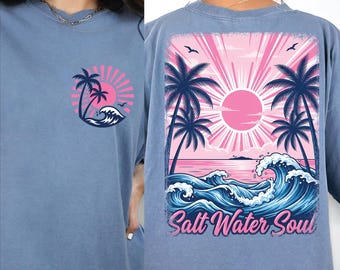 Salt Water Soul PNG, Retro Beach Wave Sublimation, Coastal Summer Shirt Design, Front & Back, Palm Tree Sunset Ocean PNG, Beach Vibes Png