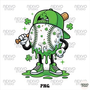 K&ouml;nnte beinhalten: Ein Baseball-Cartoon-Charakter mit gr&uuml;ner Baseballkappe, Schuhen und tropfendem gr&uuml;nen Schleim. Der Baseball hat Kleebl&auml;tter und einen Baseballschl&auml;ger. Die Figur steht auf einer gr&uuml;nen Pf&uuml;tze. Das Bild hat den Text "PNG".