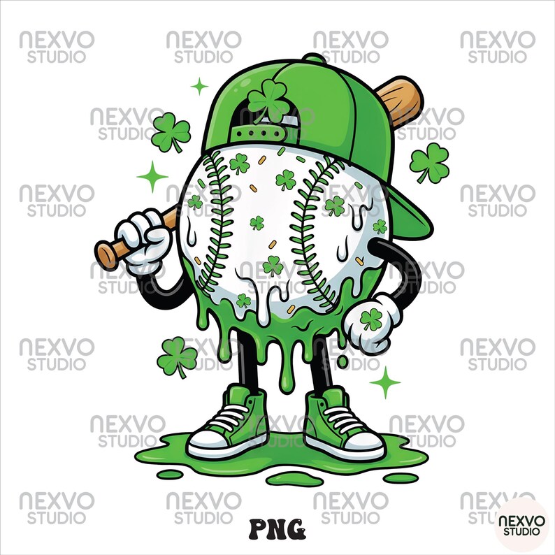 K&ouml;nnte beinhalten: Ein Baseball-Cartoon-Charakter mit gr&uuml;ner Baseballkappe, Schuhen und tropfendem gr&uuml;nen Schleim. Der Baseball hat Kleebl&auml;tter und einen Baseballschl&auml;ger. Die Figur steht auf einer gr&uuml;nen Pf&uuml;tze. Das Bild hat den Text "PNG".