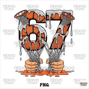 May include: A graphic design featuring the number "67" with basketballs as the numbers' base. The numbers are dripping with a white substance, and the nets are held by hands. The word "PNG" is at the bottom.