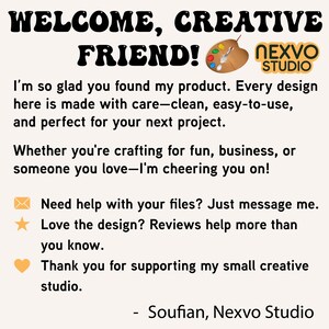 Pode incluir: Gr&aacute;fico com o texto "WELCOME, CREATIVE FRIEND!" e o logotipo "NEXVO STUDIO". O texto inclui uma mensagem sobre a facilidade de uso do produto para artesanato. Tamb&eacute;m inclui uma mensagem de agradecimento por apoiar o est&uacute;dio.
