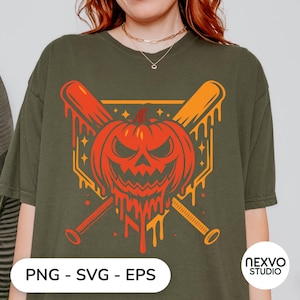 May include: An olive green t-shirt featuring a graphic print of a bright orange jack-o'-lantern pumpkin with a melting effect, positioned in front of two crossed baseball bats. The design includes small star accents and the text PNG - SVG - EPS.