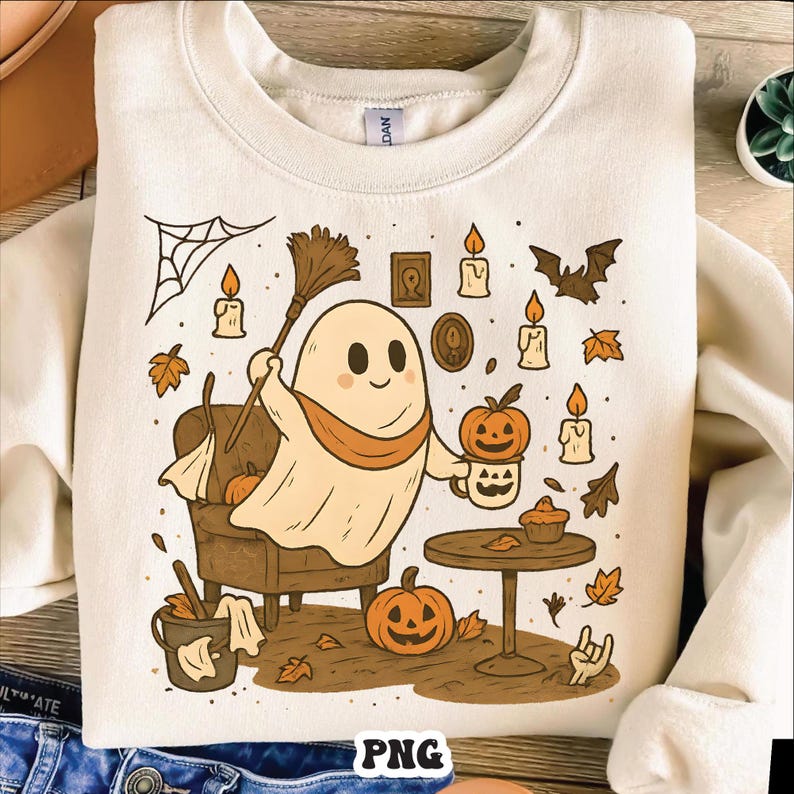 May include: Cream-colored sweatshirt featuring a cartoon ghost with a broom and a pumpkin mug. The design includes pumpkins, candles, autumn leaves, and a bat, perfect for Halloween.