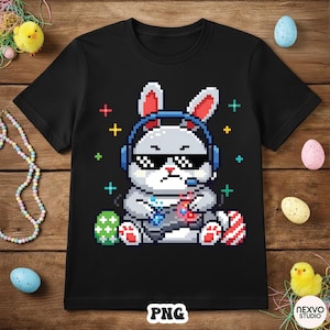 Gamer Osterhase PNG, Pixel Art Bunny Kopfhörer Game Controller Ostereier Shirt Design, Jungen Ostern Sublimation Digital Download