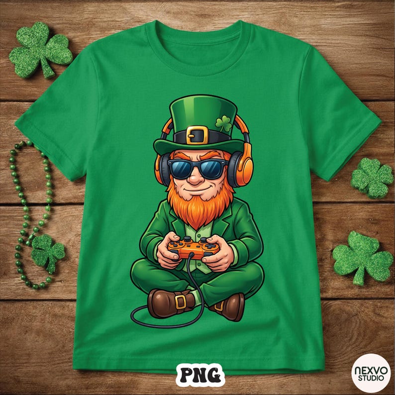 May include: Green t-shirt featuring a cartoon leprechaun wearing sunglasses and headphones, holding a game controller. The leprechaun has a red beard and is wearing a green suit and hat. The shirt is decorated with shamrocks.
