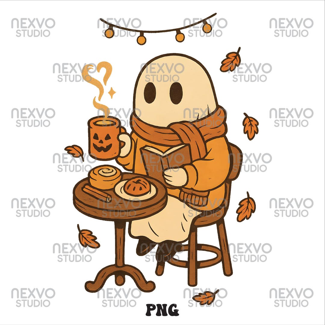 Cozy Fall Ghost Reading PNG Sublimation Design, Autumn Coffee Ghost ...