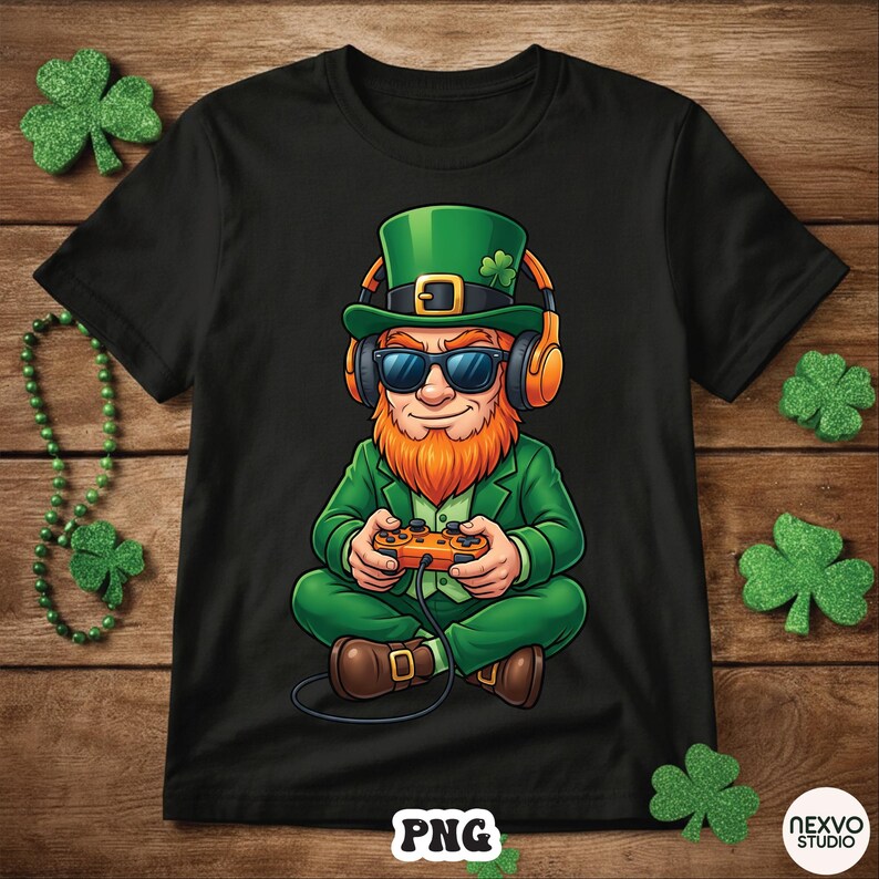 May include: Black t-shirt featuring a cartoon leprechaun wearing sunglasses and headphones, holding a game controller. The leprechaun has a red beard and is dressed in green. The shirt has a St. Patrick's Day theme.