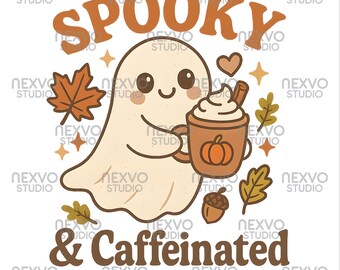 Spooky and Caffeinated Ghost PNG Design, Cute Fall Halloween Coffee Sublimation Clipart, Pumpkin Latte Autumn Shirt Graphic