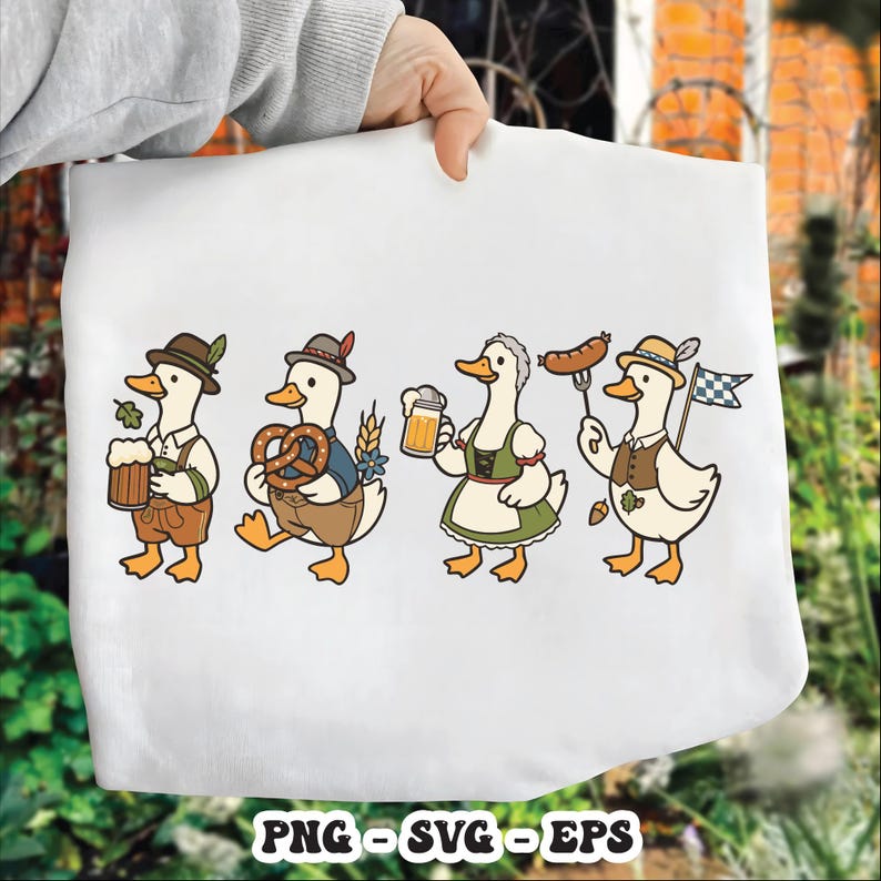May include: White tote bag featuring a cartoon illustration of four ducks dressed in traditional Bavarian attire. Each duck is holding a beer stein, pretzel, sausage, and a flag. The text "PNG - SVG - EPS" is at the bottom.
